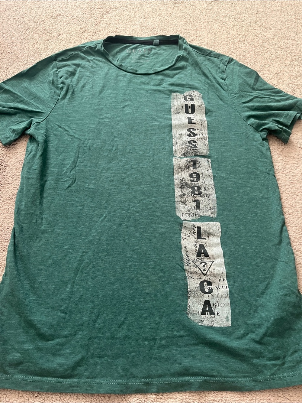 GUESS Men’s Green Short Sleeve Tee with Vertical Logo Blocks